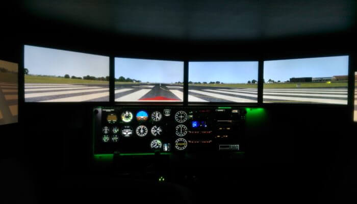 Interior of the Red Bird FMX Full Motion Flight Simulator.