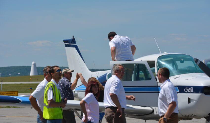 Looking over one of the airplanes.